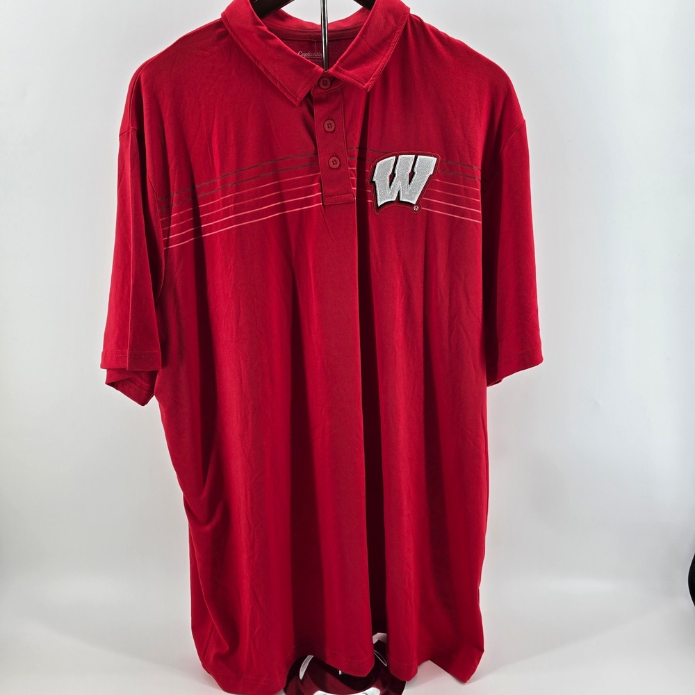 Captivating Polo Shirt Mens Wisconsin Badgers Embroidered Striped Red 2XL NWT - Picture 2 of 9